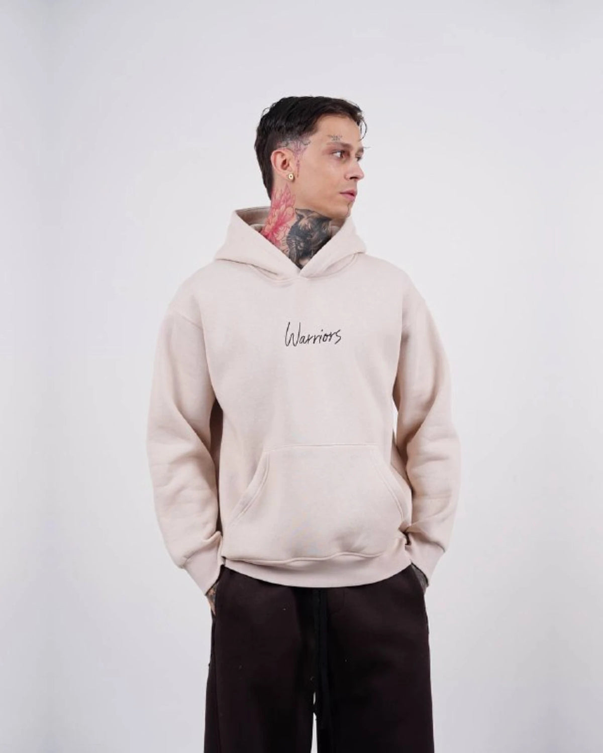 Warriors oversized hoodie with ancient history patchwork back in beige, photo 1