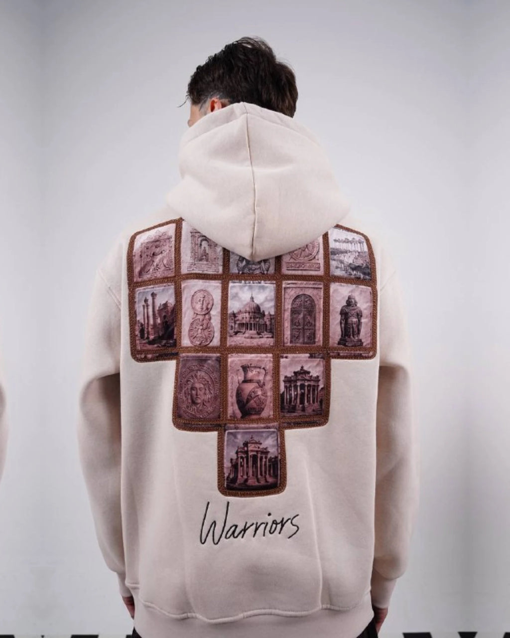 Warriors oversized hoodie with ancient history patchwork back in beige, photo 2