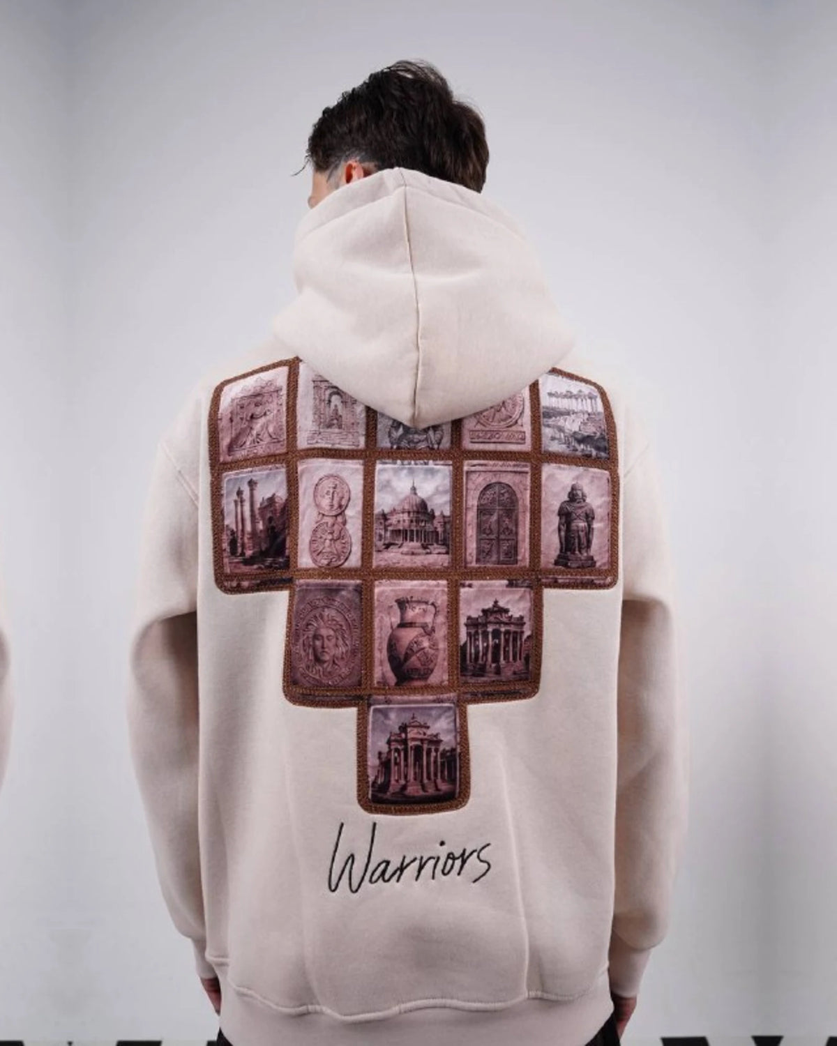 Warriors oversized hoodie with ancient history patchwork back in beige, photo 2