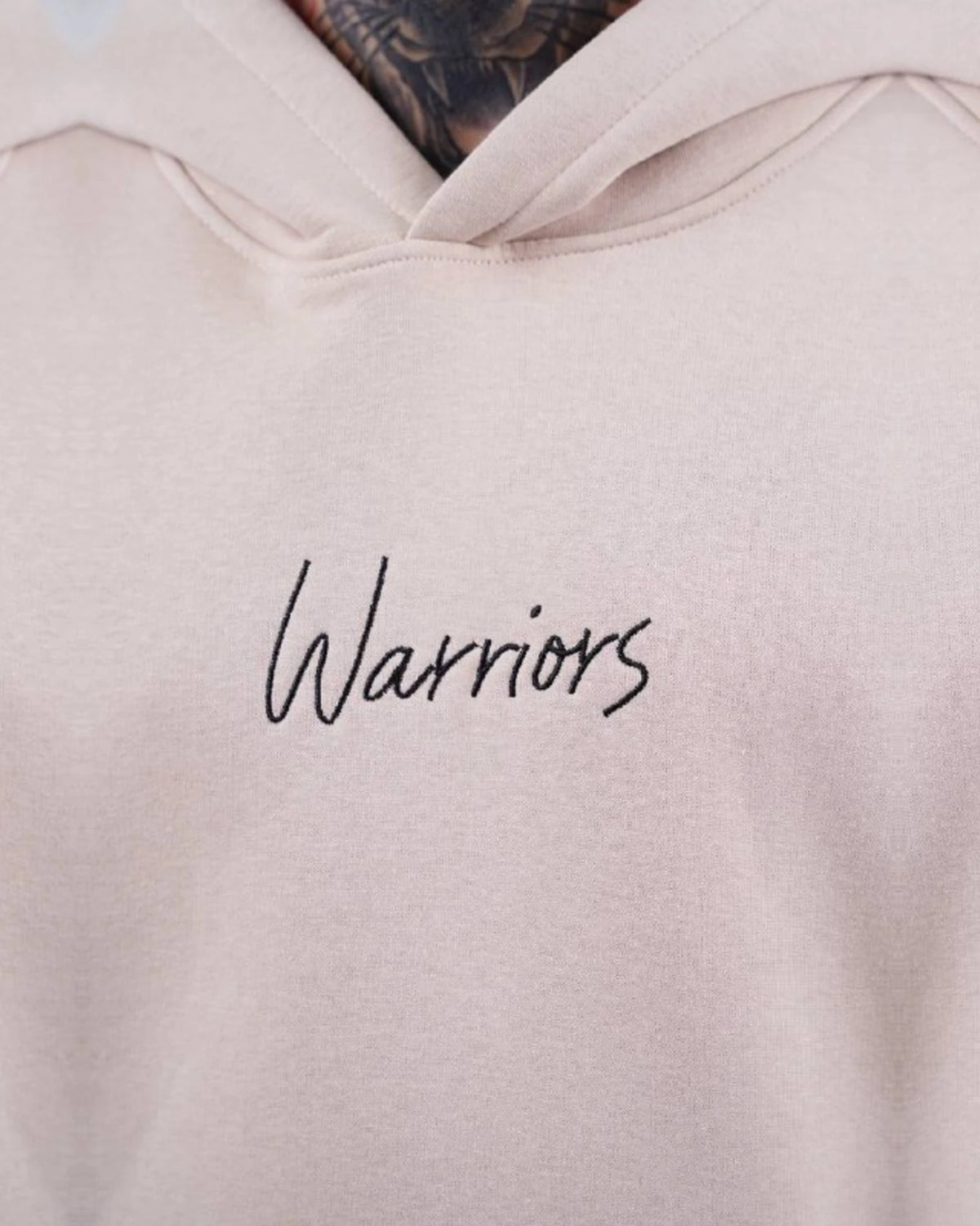 Warriors oversized hoodie with ancient history patchwork back in beige, photo 3