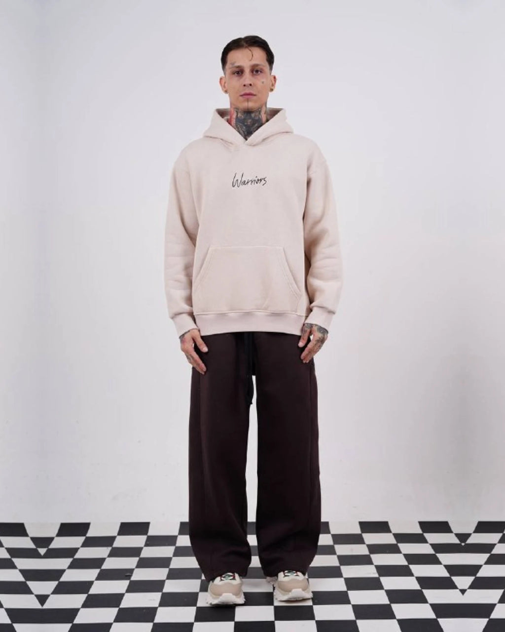 Warriors oversized hoodie with ancient history patchwork back in beige, photo 4