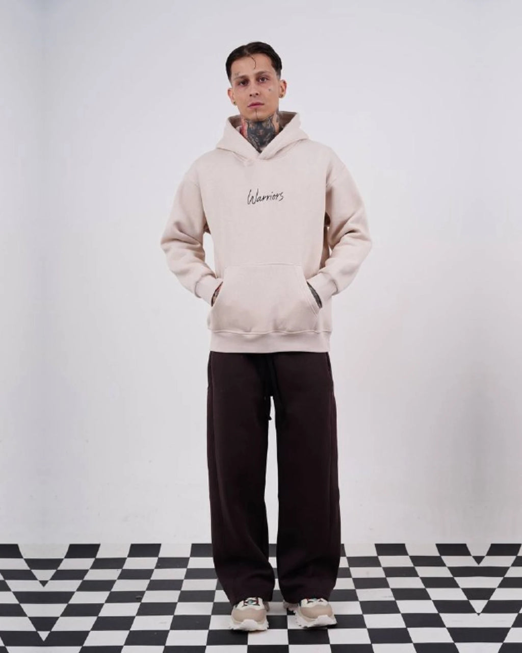 Warriors oversized hoodie with ancient history patchwork back in beige, photo 6