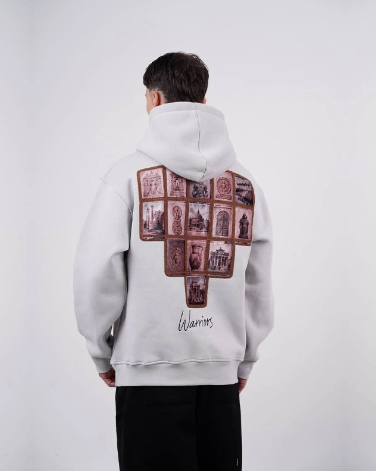 Warriors oversized hoodie with ancient history patchwork back in light gray, photo 2