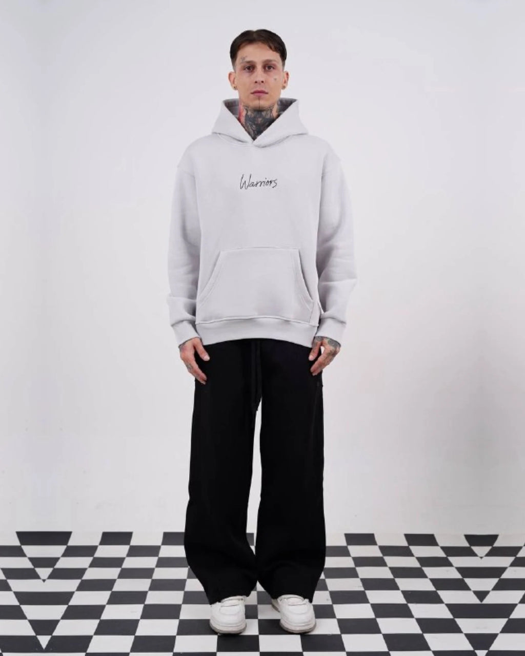 Warriors oversized hoodie with ancient history patchwork back in light gray, photo 4