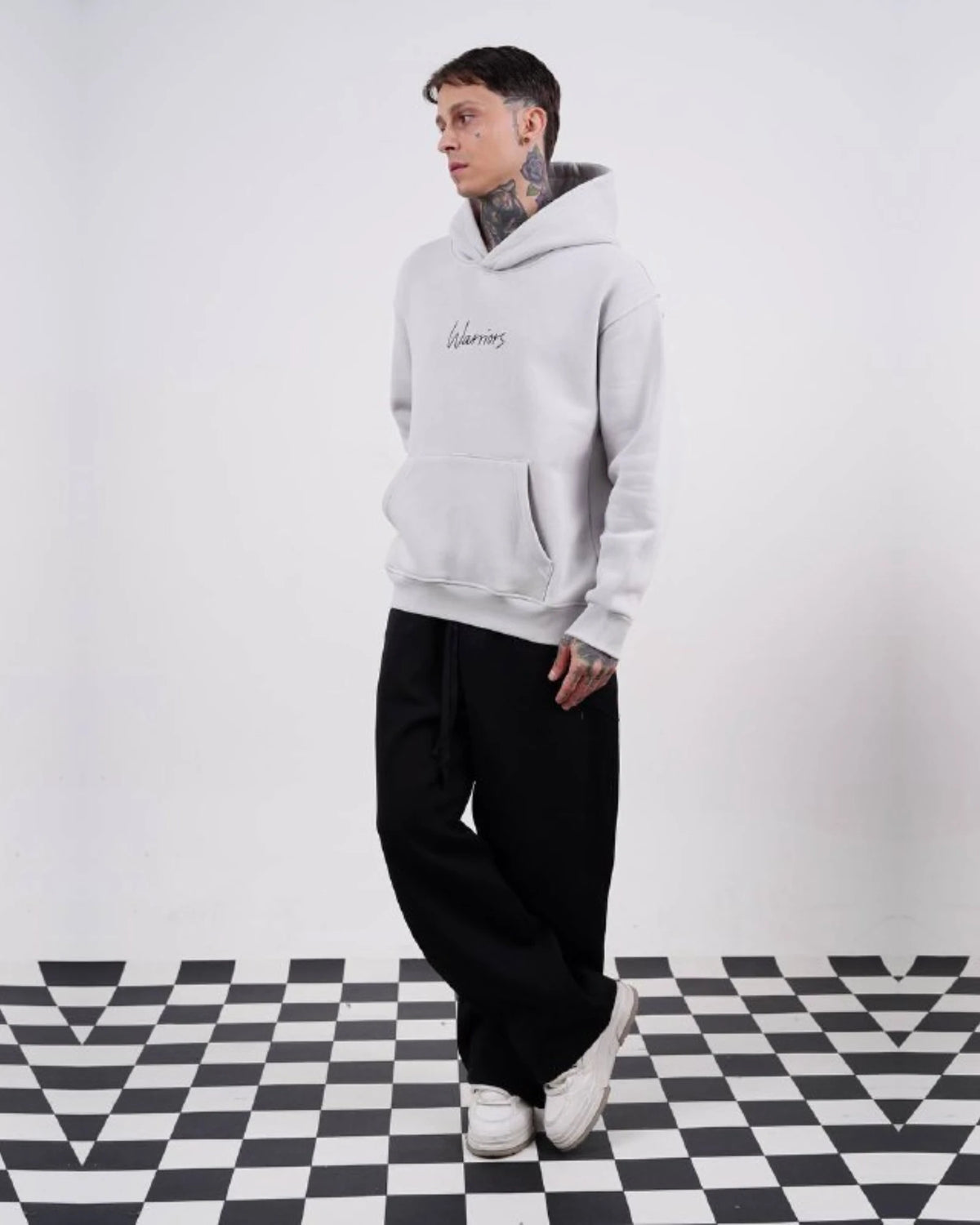 Warriors oversized hoodie with ancient history patchwork back in light gray, photo 5