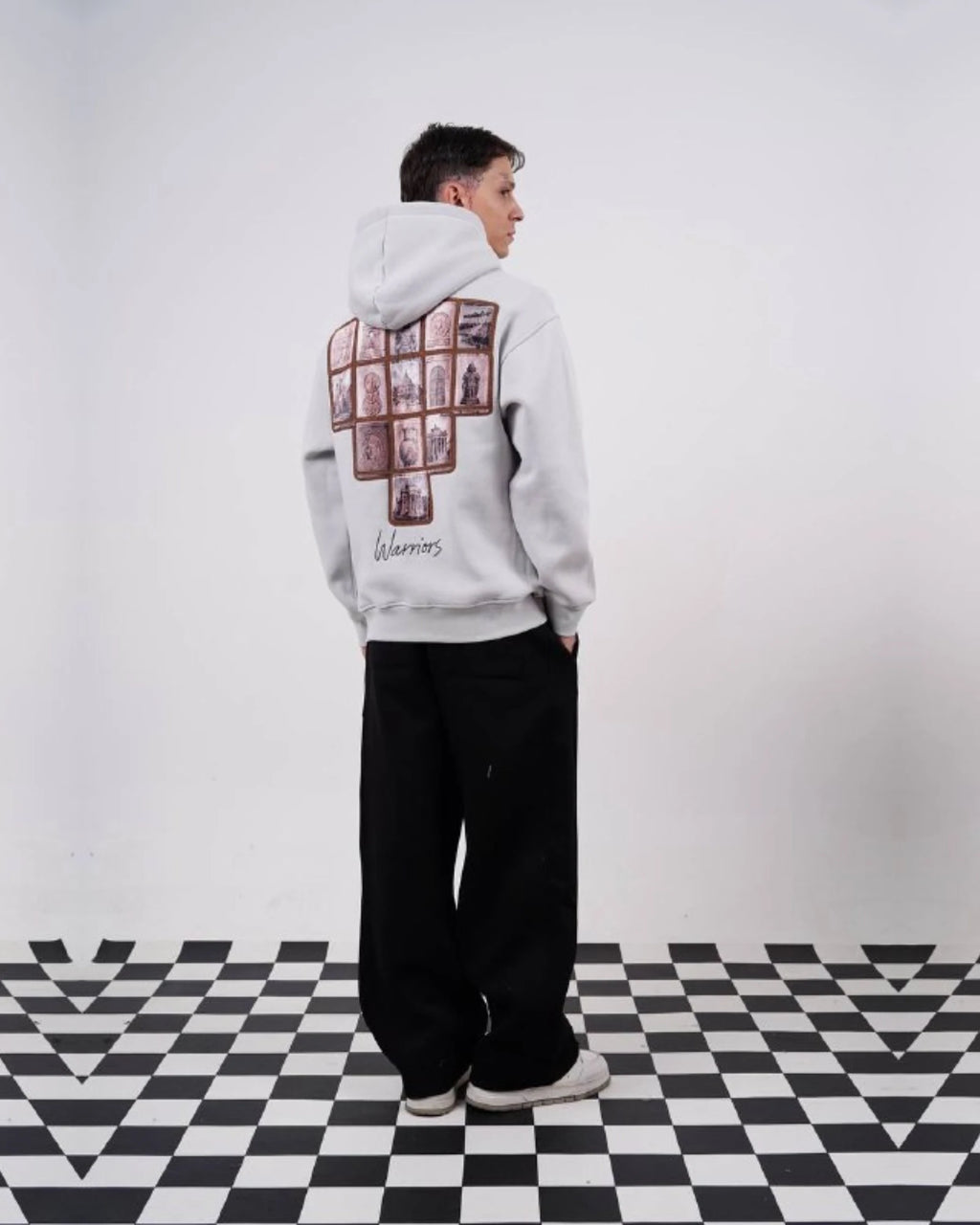Warriors oversized hoodie with ancient history patchwork back in light gray, photo 6