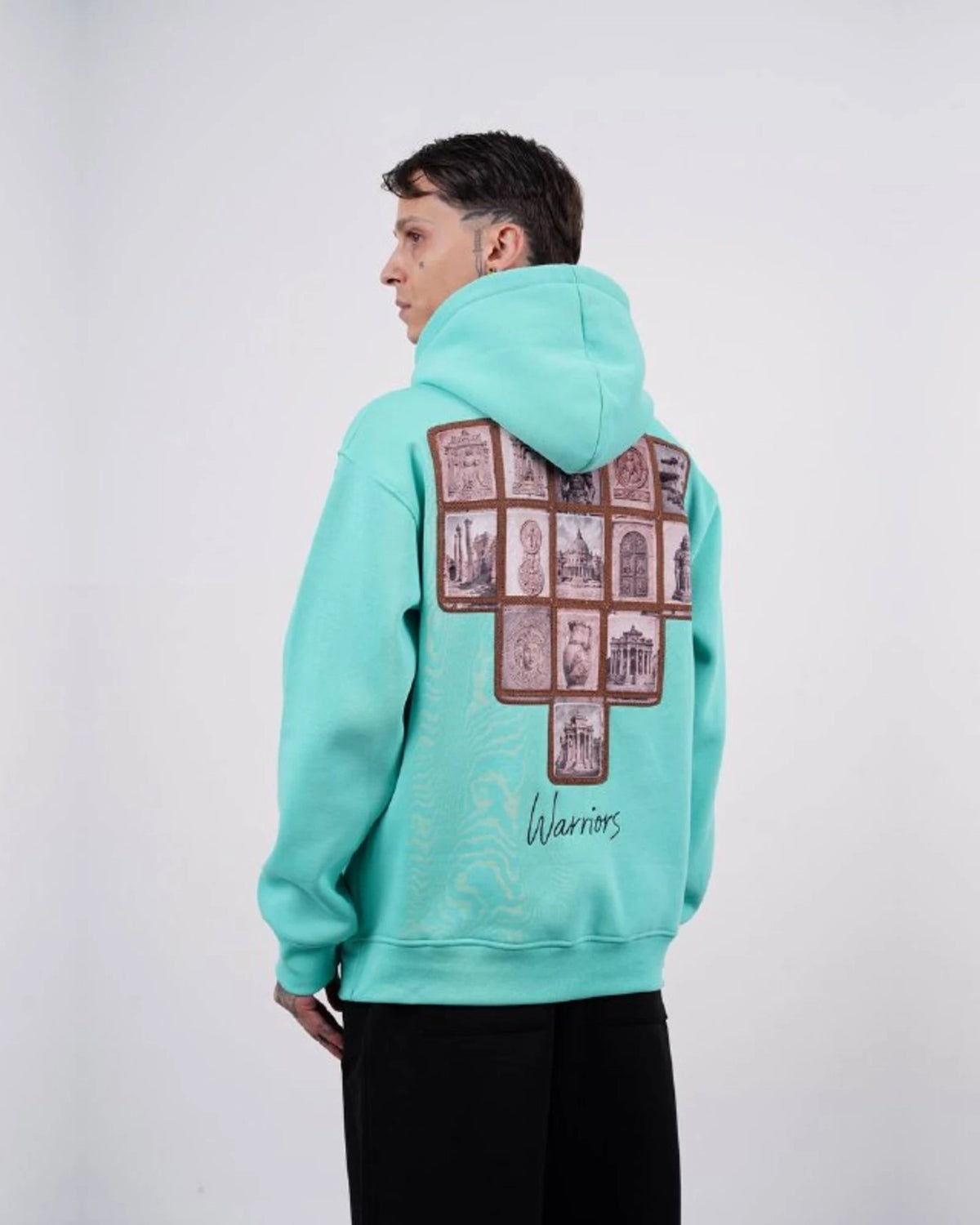 Warriors oversized hoodie with ancient history patchwork back in mint, photo 2
