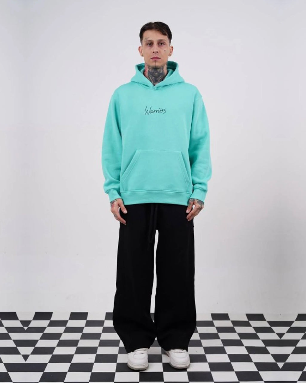 Warriors oversized hoodie with ancient history patchwork back in mint, photo 4