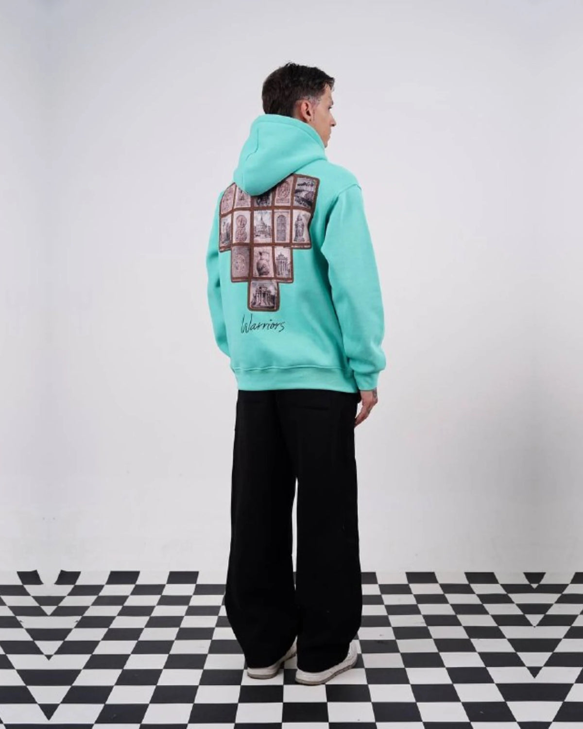 Warriors oversized hoodie with ancient history patchwork back in mint, photo 5