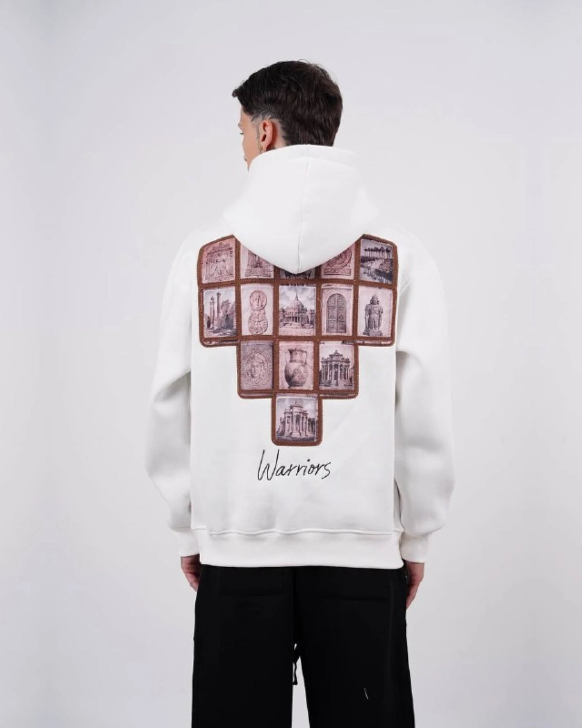 Warriors oversized hoodie with ancient history patchwork back in white, photo 2