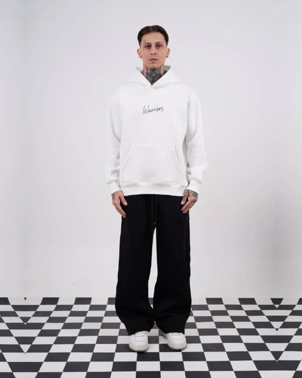 Warriors oversized hoodie with ancient history patchwork back in white, photo 4
