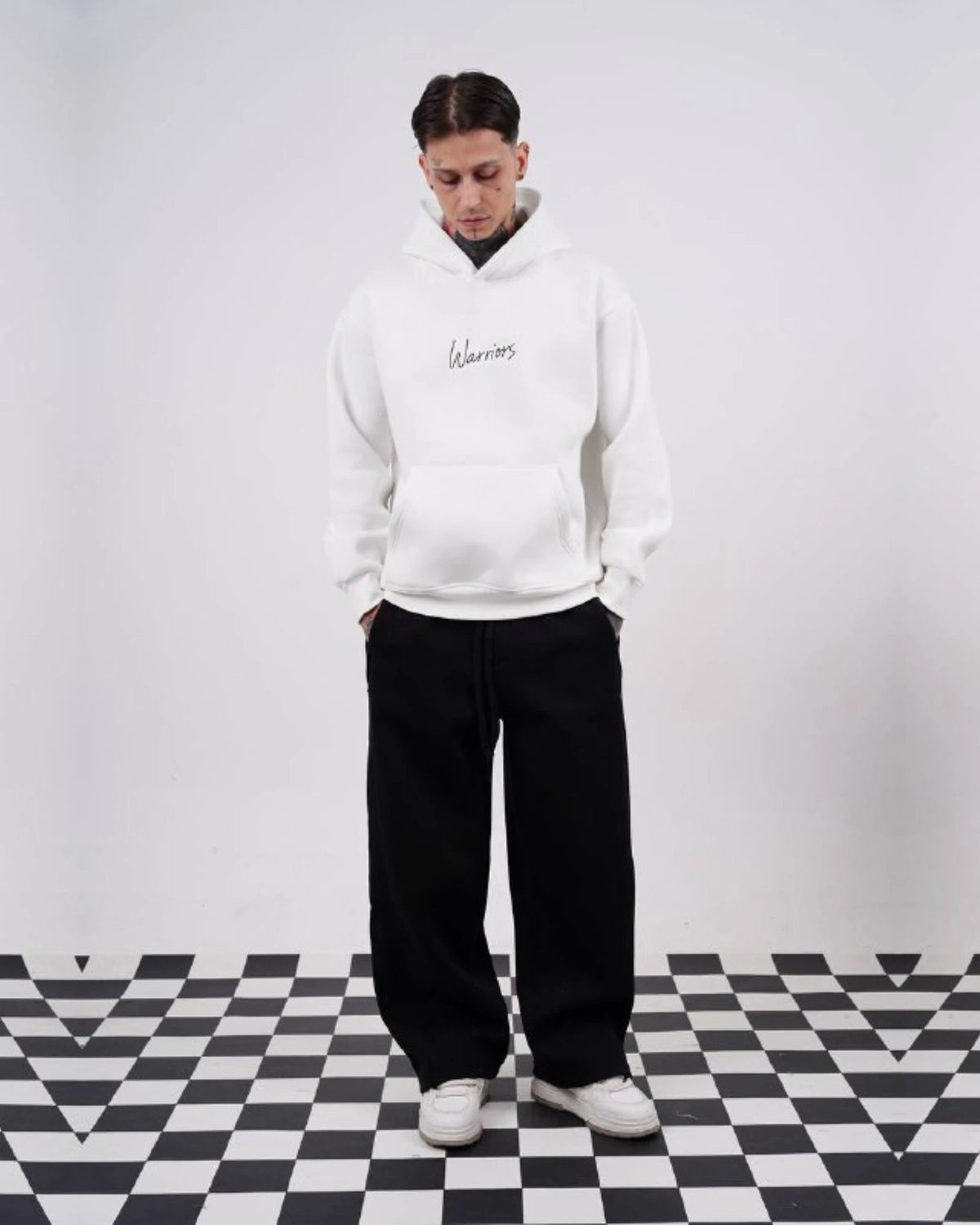 Warriors oversized hoodie with ancient history patchwork back in white, photo 5