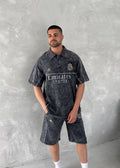 Washed Club Spirit Men's Polo & Shorts Set – Vintage Black & Gold Streetwear Style