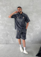 Washed Club Spirit Men's Polo & Shorts Set – Vintage Black & Gold Streetwear Style