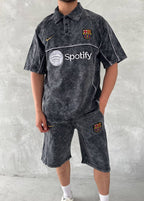 Washed Spirit Men's Polo & Shorts Set – Retro Grey Clubwear with Contrast Stitching
