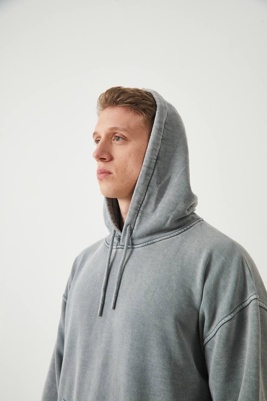 Unisex Washed Oversize Hoodie - Heavyweight Blank Sweatshirt - Gray