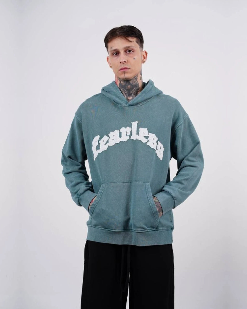Fearless Warning Patch Washed Oversized Hoodie in Teal