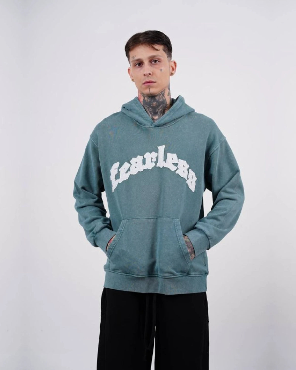 Fearless Warning Patch Washed Oversized Hoodie in Teal