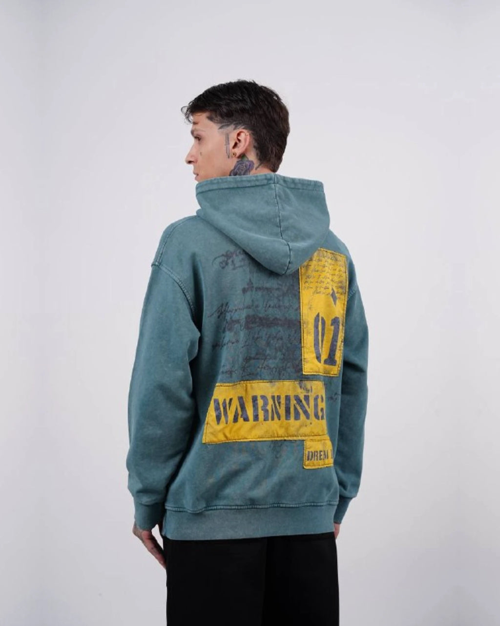 Fearless Warning Patch Washed Oversized Hoodie in Teal