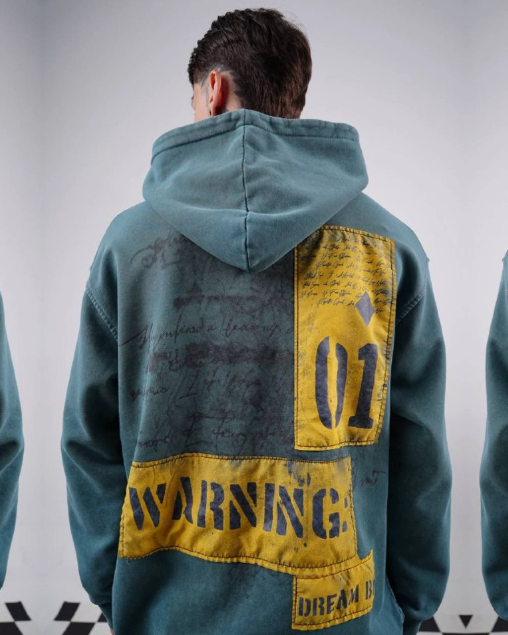 Fearless Warning Patch Washed Oversized Hoodie in Teal