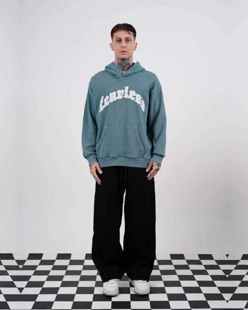 Fearless Warning Patch Washed Oversized Hoodie in Teal