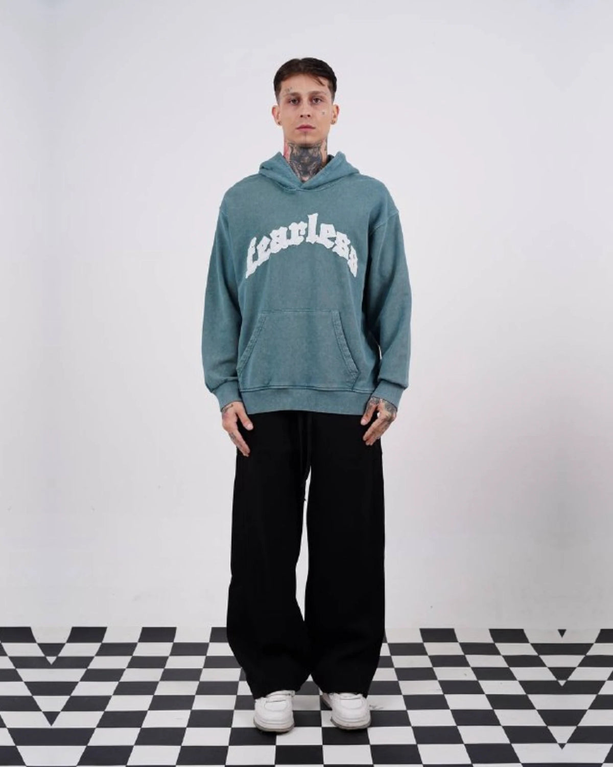 Fearless Warning Patch Washed Oversized Hoodie in Teal