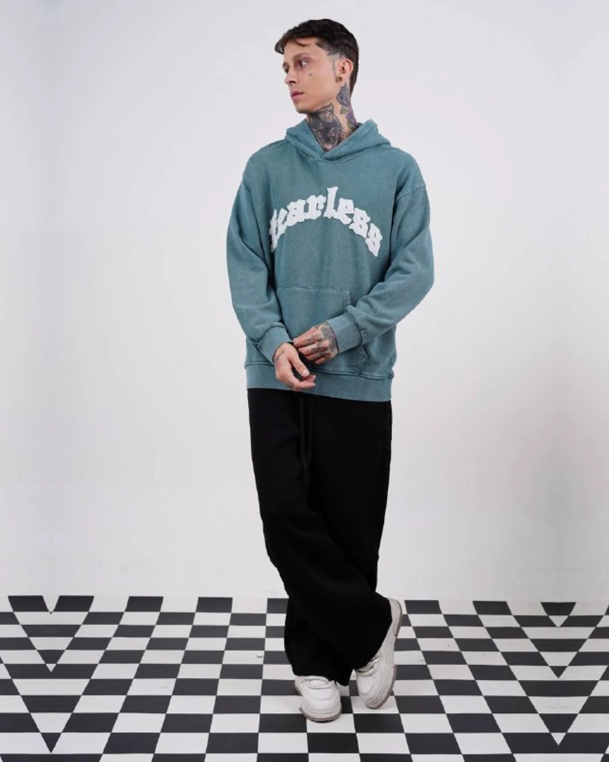 Fearless Warning Patch Washed Oversized Hoodie in Teal