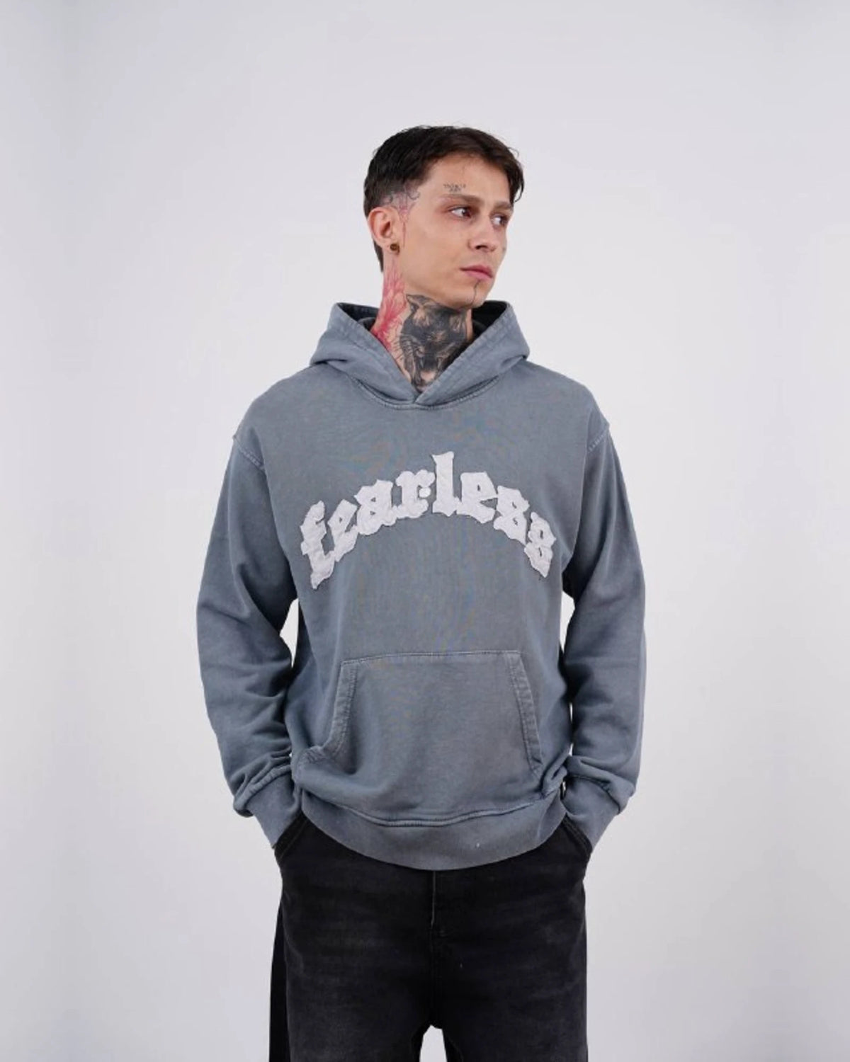 Fearless Warning Patch Washed Oversized Hoodie in Blue Gray