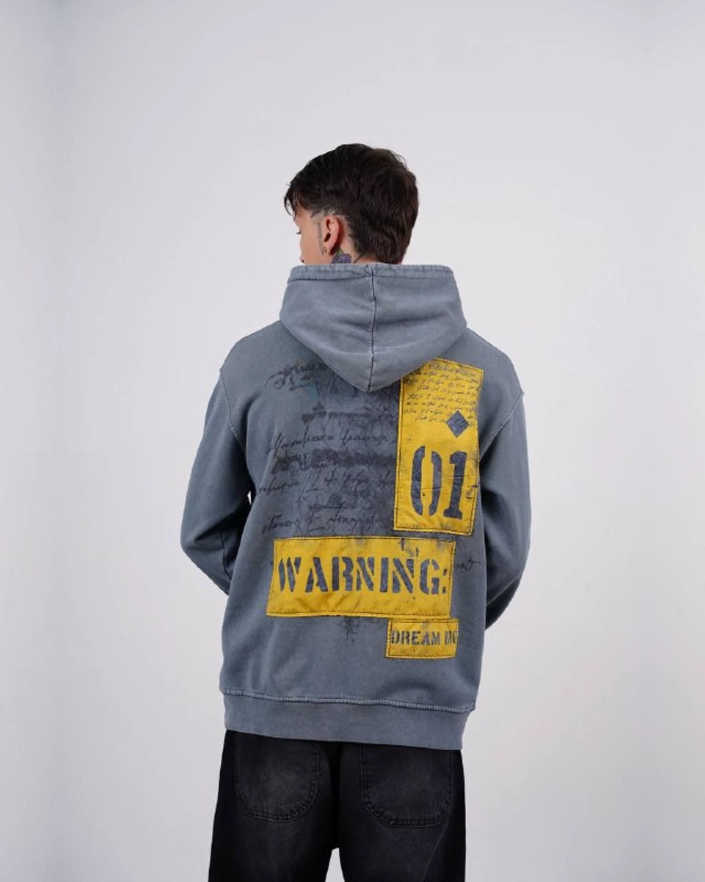 Fearless Warning Patch Washed Oversized Hoodie in Blue Gray