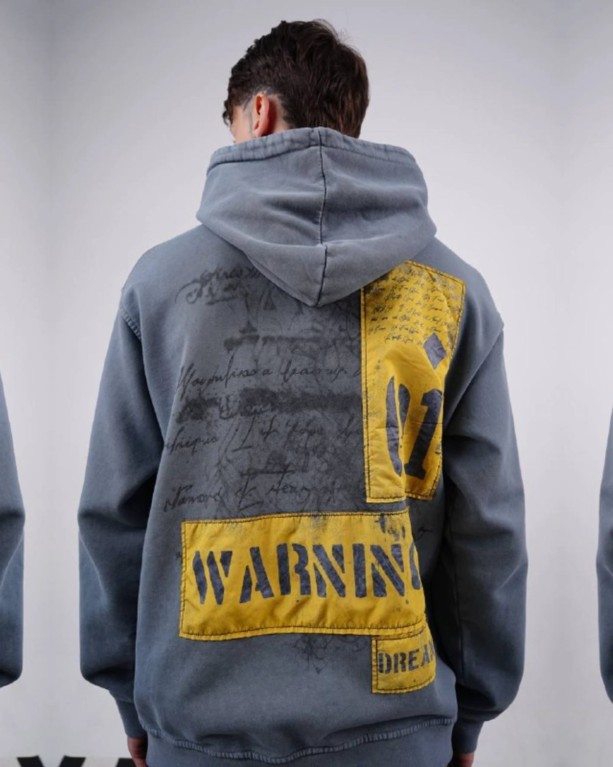 Fearless Warning Patch Washed Oversized Hoodie in Blue Gray