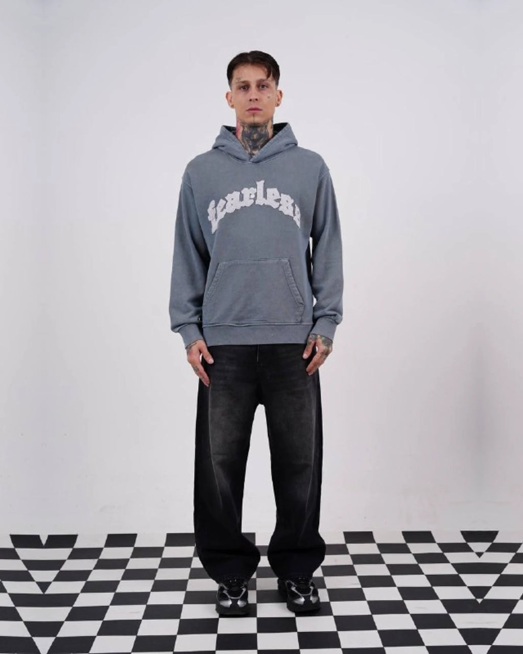 Fearless Warning Patch Washed Oversized Hoodie in Blue Gray