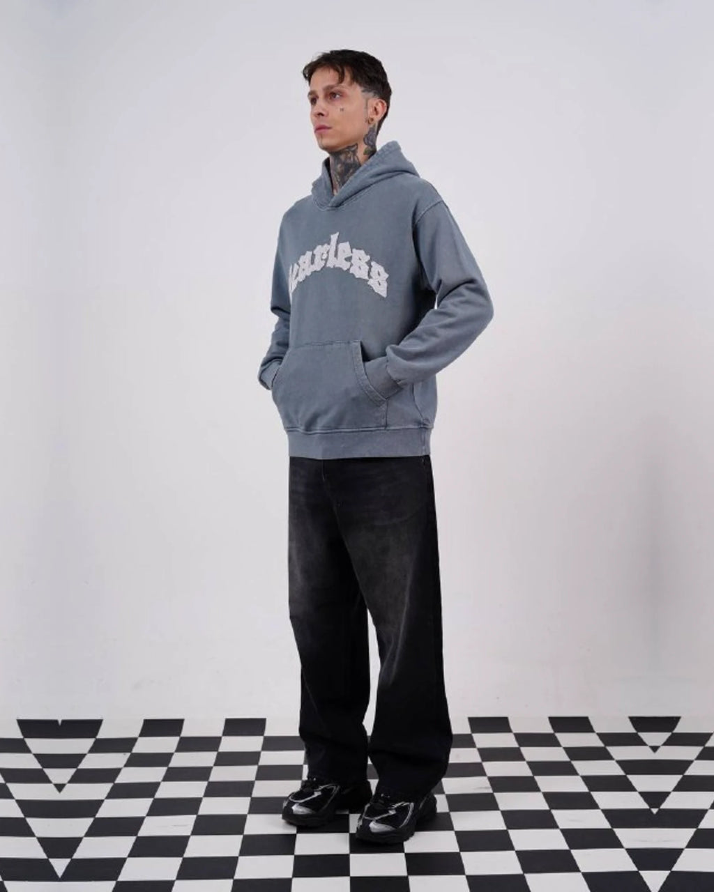 Fearless Warning Patch Washed Oversized Hoodie in Blue Gray