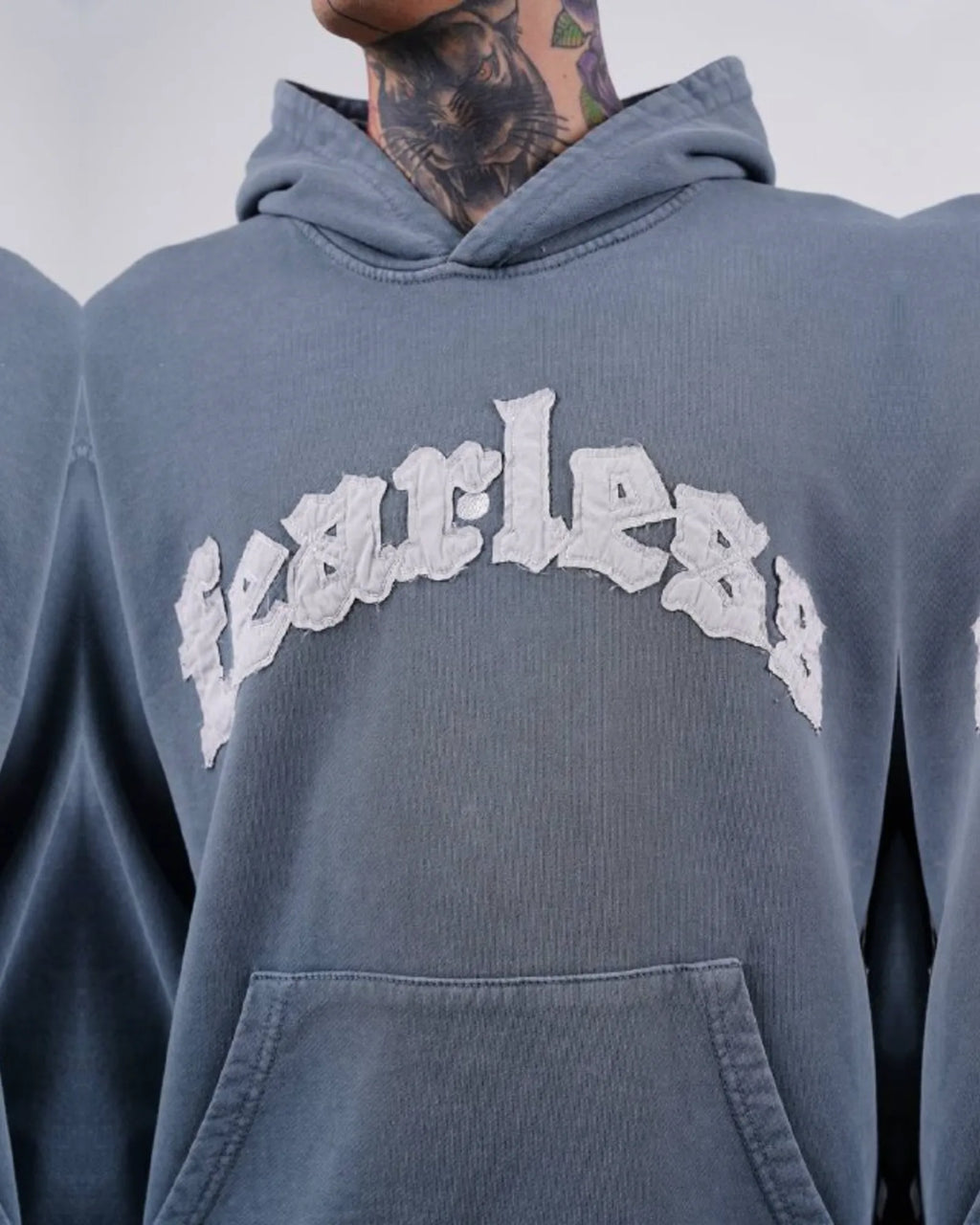 Fearless Warning Patch Washed Oversized Hoodie in Blue Gray