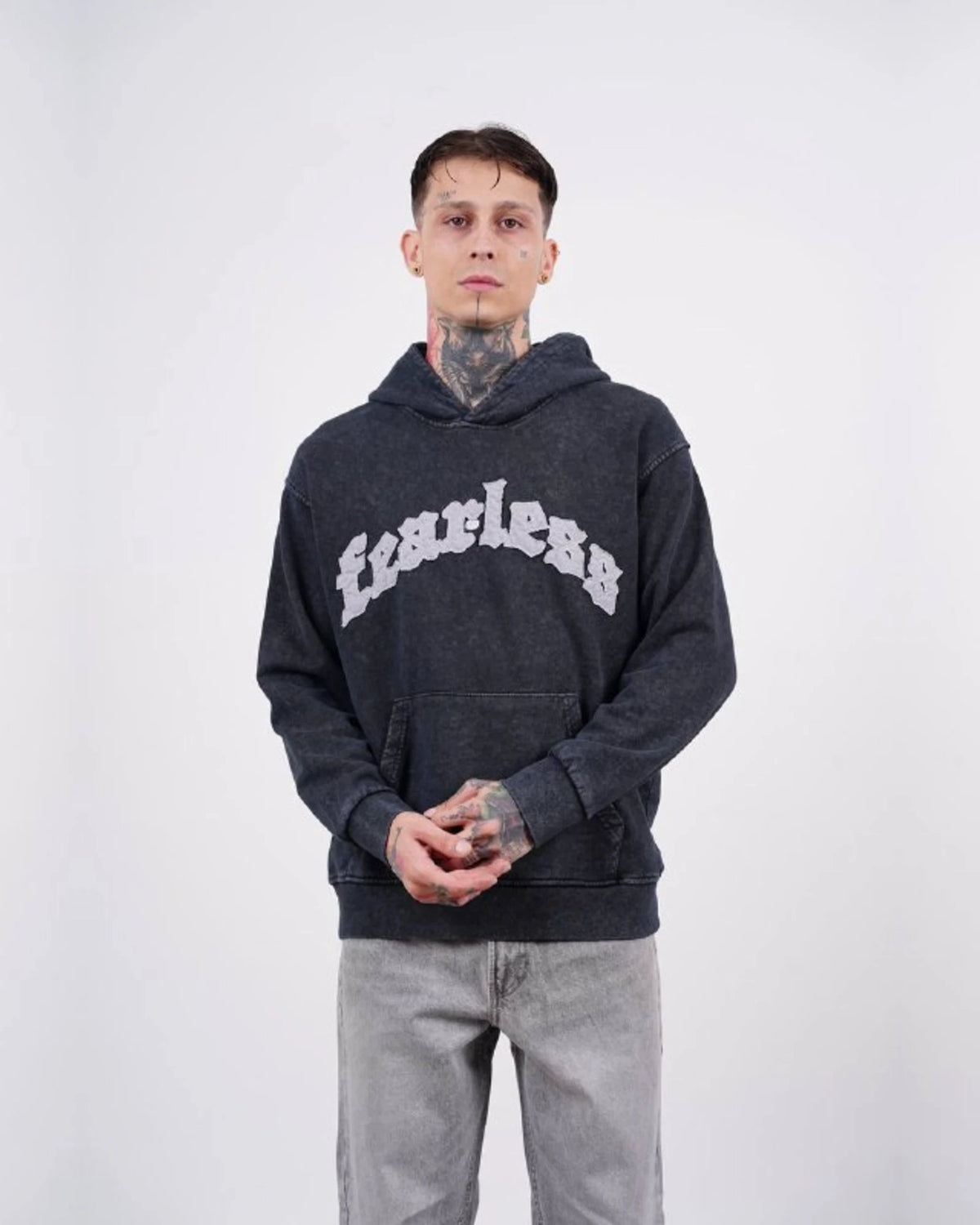 Fearless Warning Patch Washed Oversized Hoodie in Charcoal