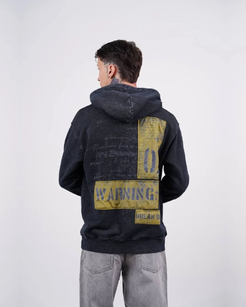 Fearless Warning Patch Washed Oversized Hoodie in Charcoal
