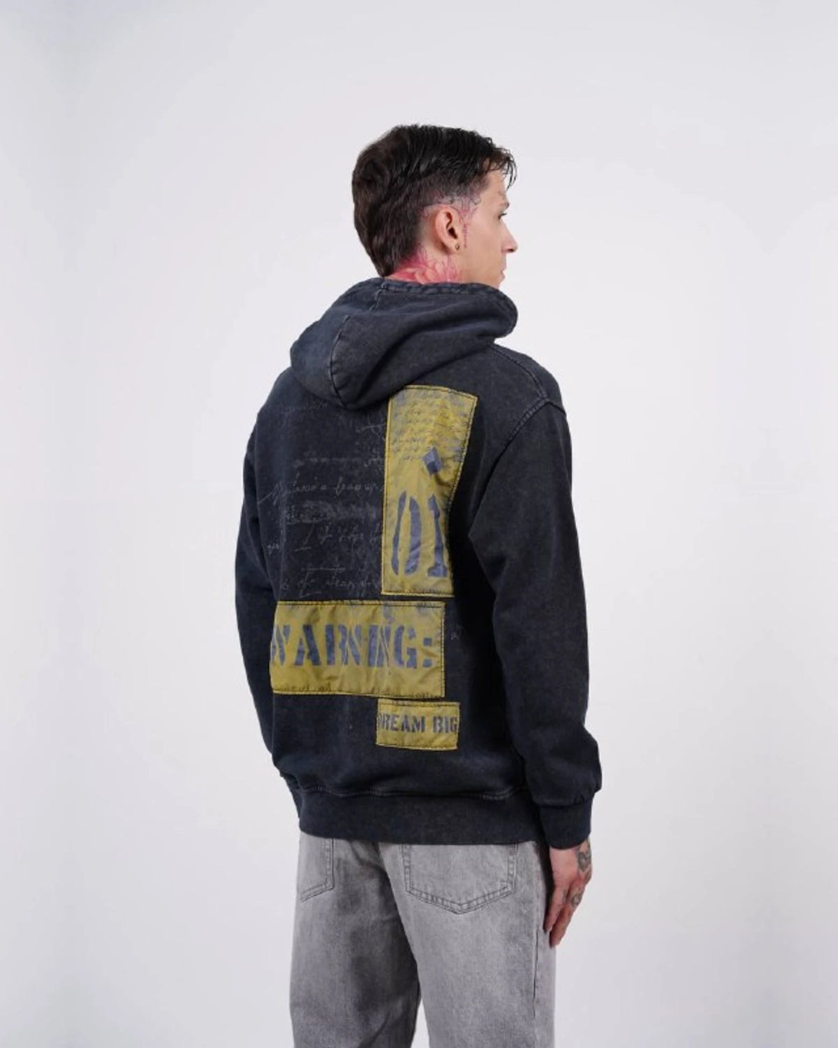 Fearless Warning Patch Washed Oversized Hoodie in Charcoal
