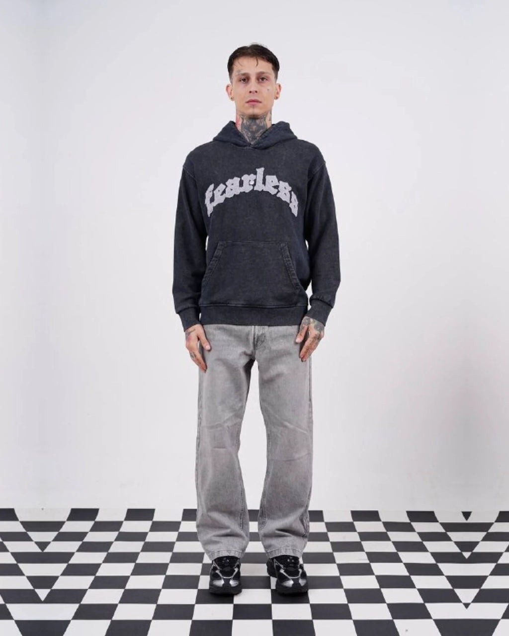 Fearless Warning Patch Washed Oversized Hoodie in Charcoal