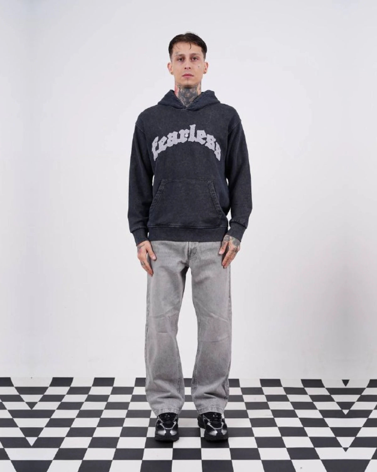 Fearless Warning Patch Washed Oversized Hoodie in Charcoal