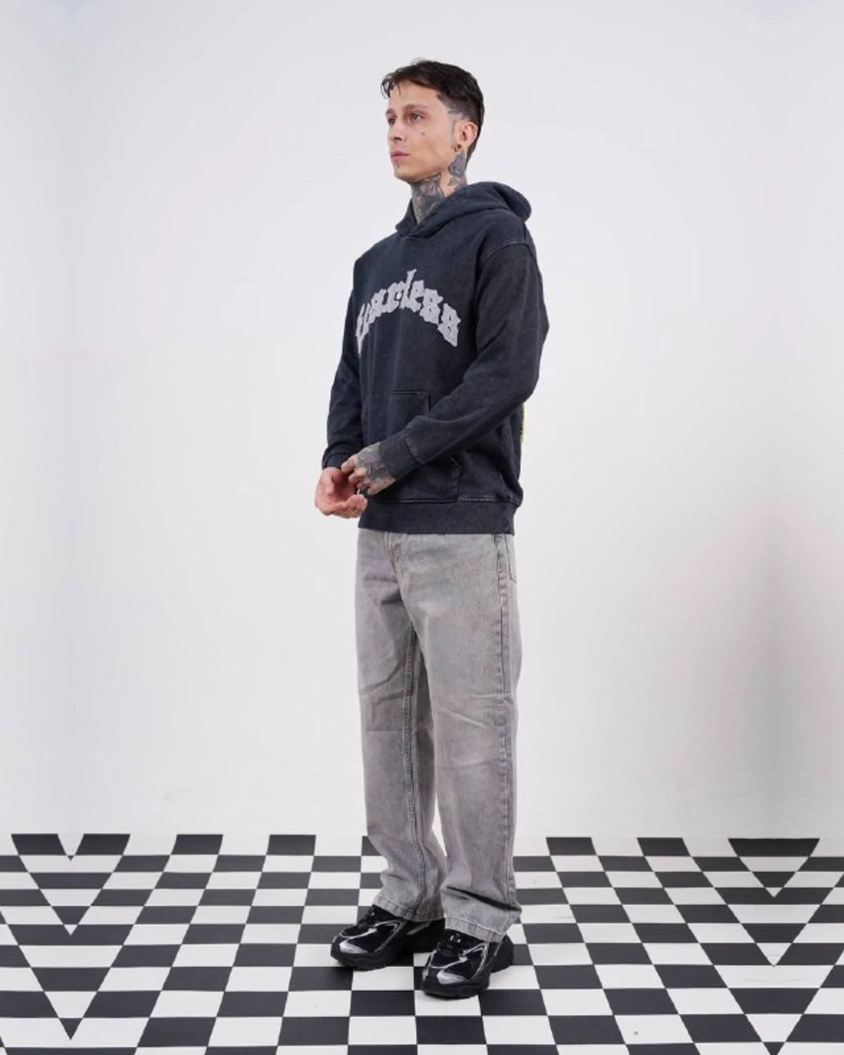 Fearless Warning Patch Washed Oversized Hoodie in Charcoal