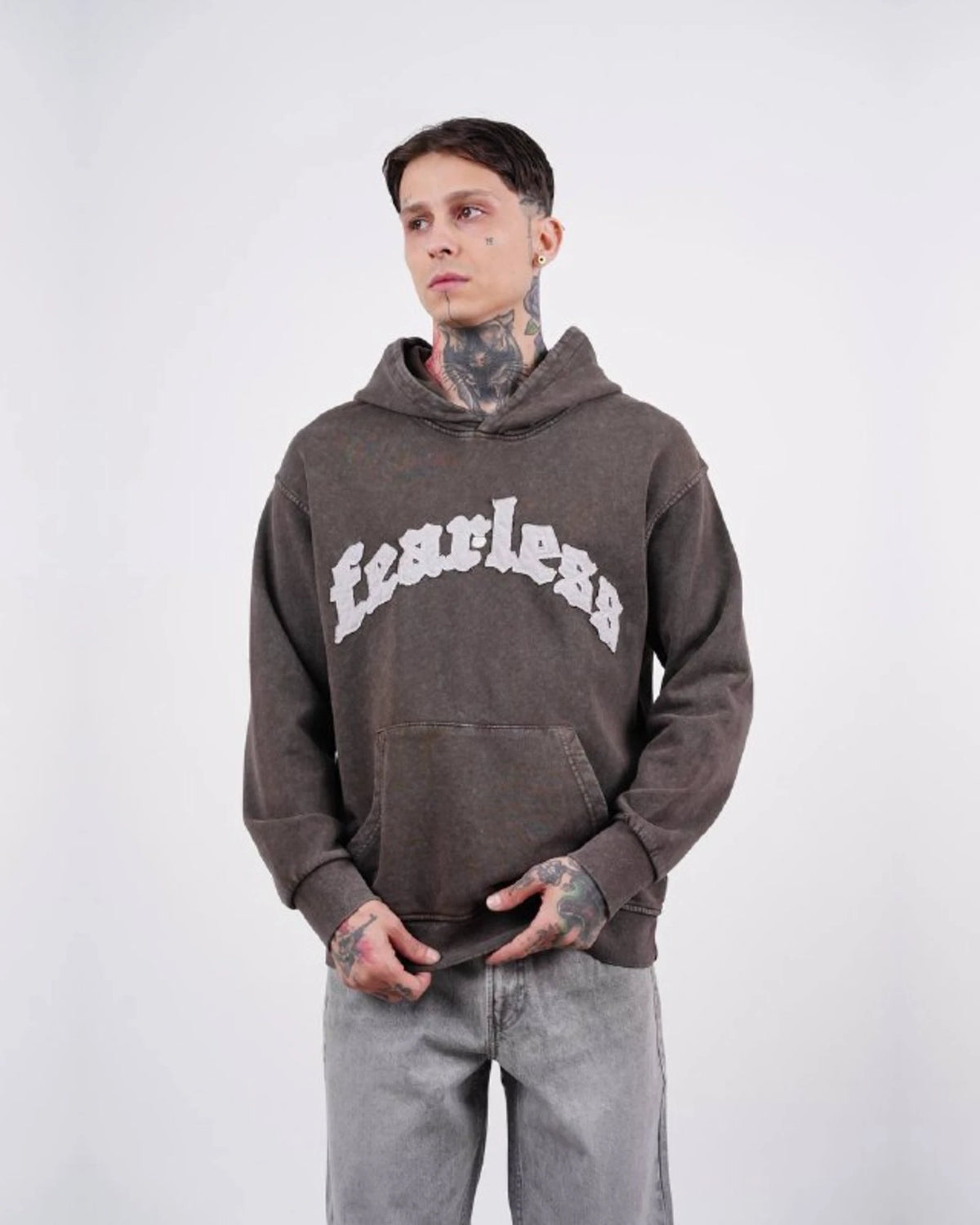 Fearless Warning Patch Washed Oversized Hoodie in Brown