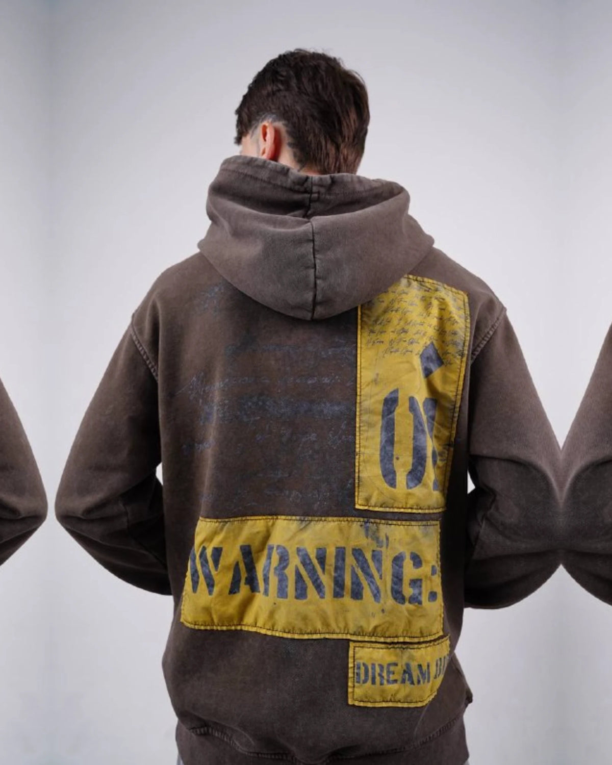 Fearless Warning Patch Washed Oversized Hoodie in Brown