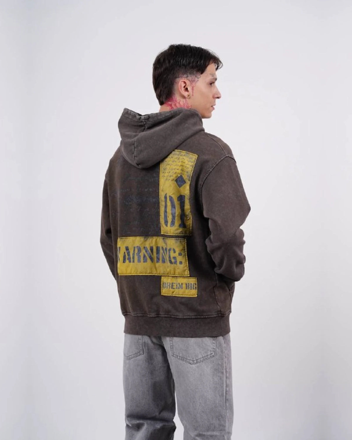 Fearless Warning Patch Washed Oversized Hoodie in Brown
