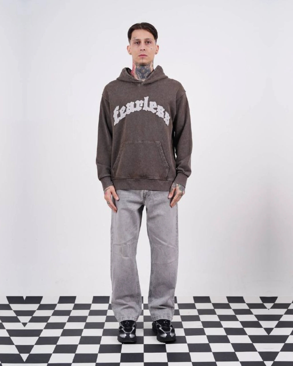 Fearless Warning Patch Washed Oversized Hoodie in Brown