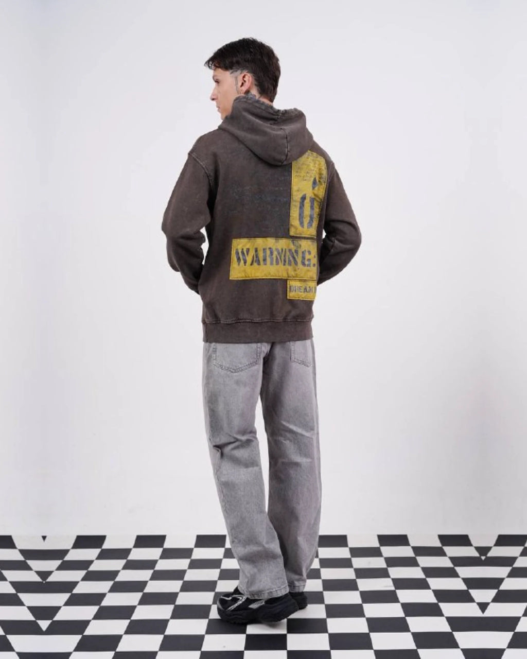 Fearless Warning Patch Washed Oversized Hoodie in Brown
