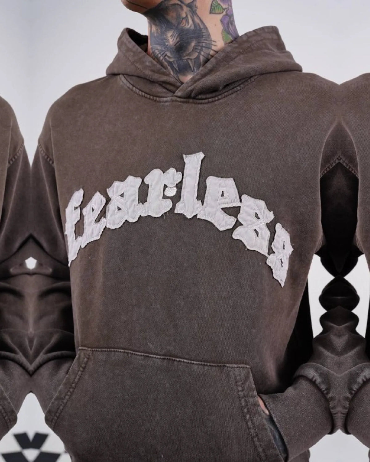 Fearless Warning Patch Washed Oversized Hoodie in Brown