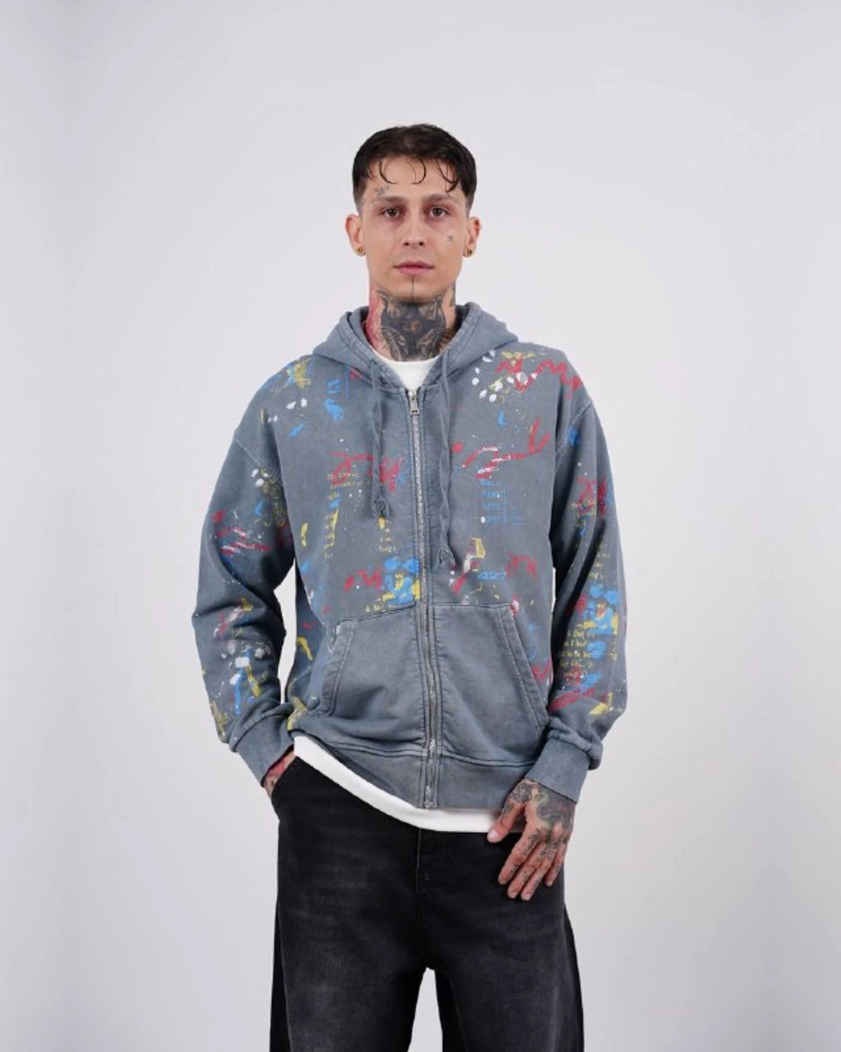 Paint Splatter Zip-Up Hoodie in Blue Gray