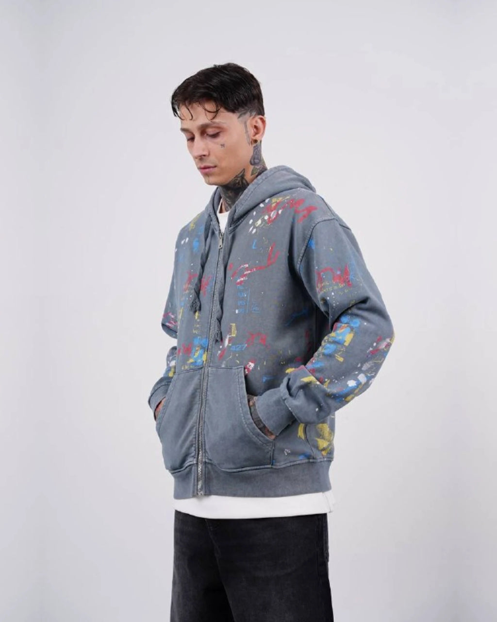 Paint Splatter Zip-Up Hoodie in Blue Gray