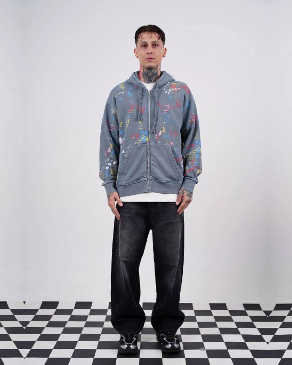 Paint Splatter Zip-Up Hoodie in Blue Gray