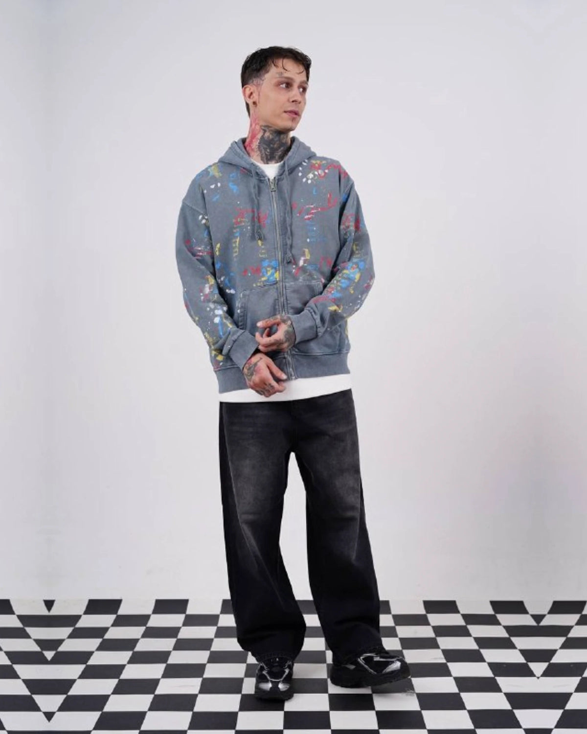 Paint Splatter Zip-Up Hoodie in Blue Gray