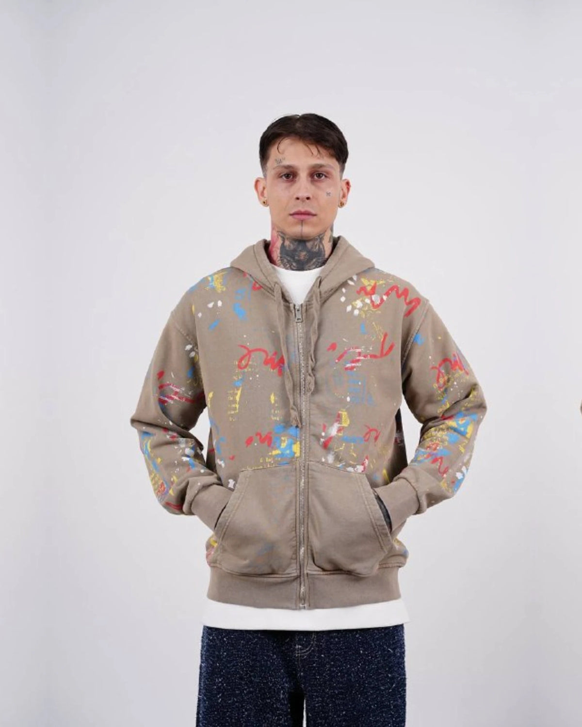 Paint Splatter Zip-Up Hoodie in Tan